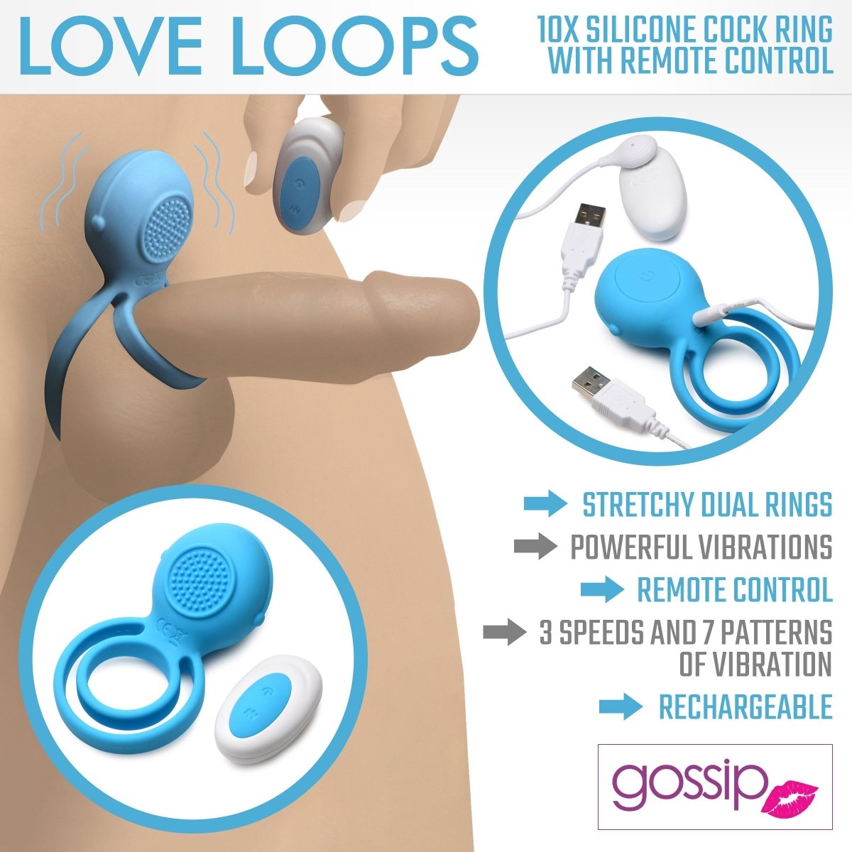 Love Loops 10X Silicone Cock Ring with Remote - BlueSexual Wellness - Rise and Effect