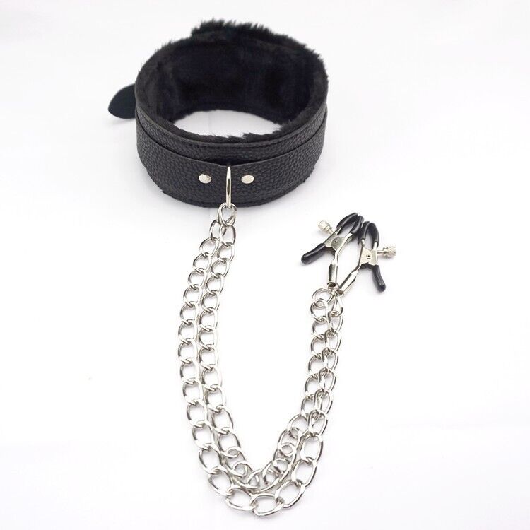 PU Leather Collar With Nipple Clamps SM Bondage Play Sex ToysSexual WellnessPU Leather Collar