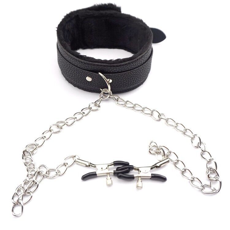 PU Leather Collar With Nipple Clamps SM Bondage Play Sex Toys - Rise and Effect