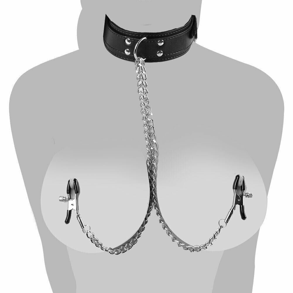 PU Leather Collar With Nipple Clamps SM Bondage Play Sex Toys Sexual Wellness - Rise and Effect