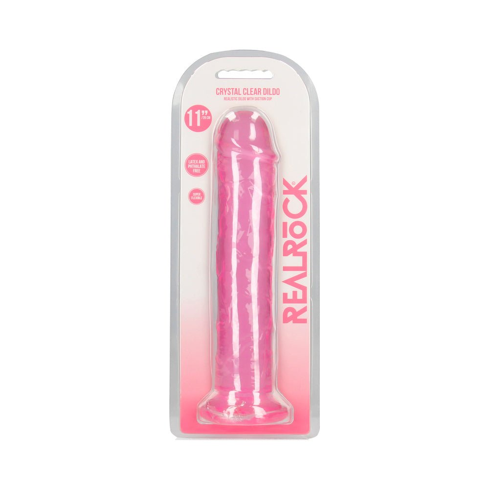RealRock Crystal Clear Straight 11 in. Dildo Without Balls PinkAdults - Rise and Effect